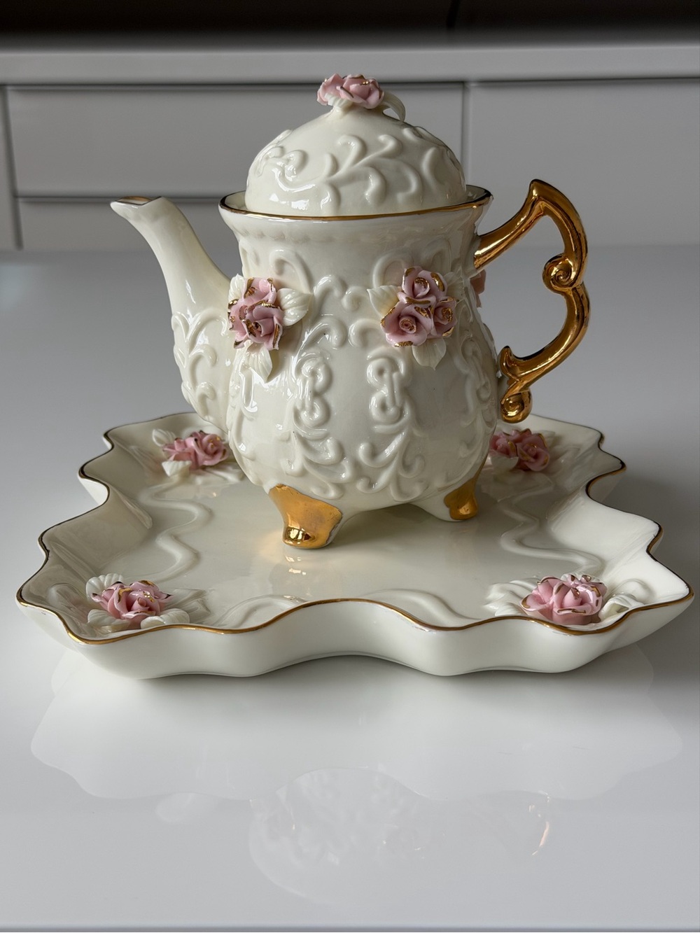Cracker Barrel Ivory Floral Porcelain Teapot & Tray Set with Gold Accents